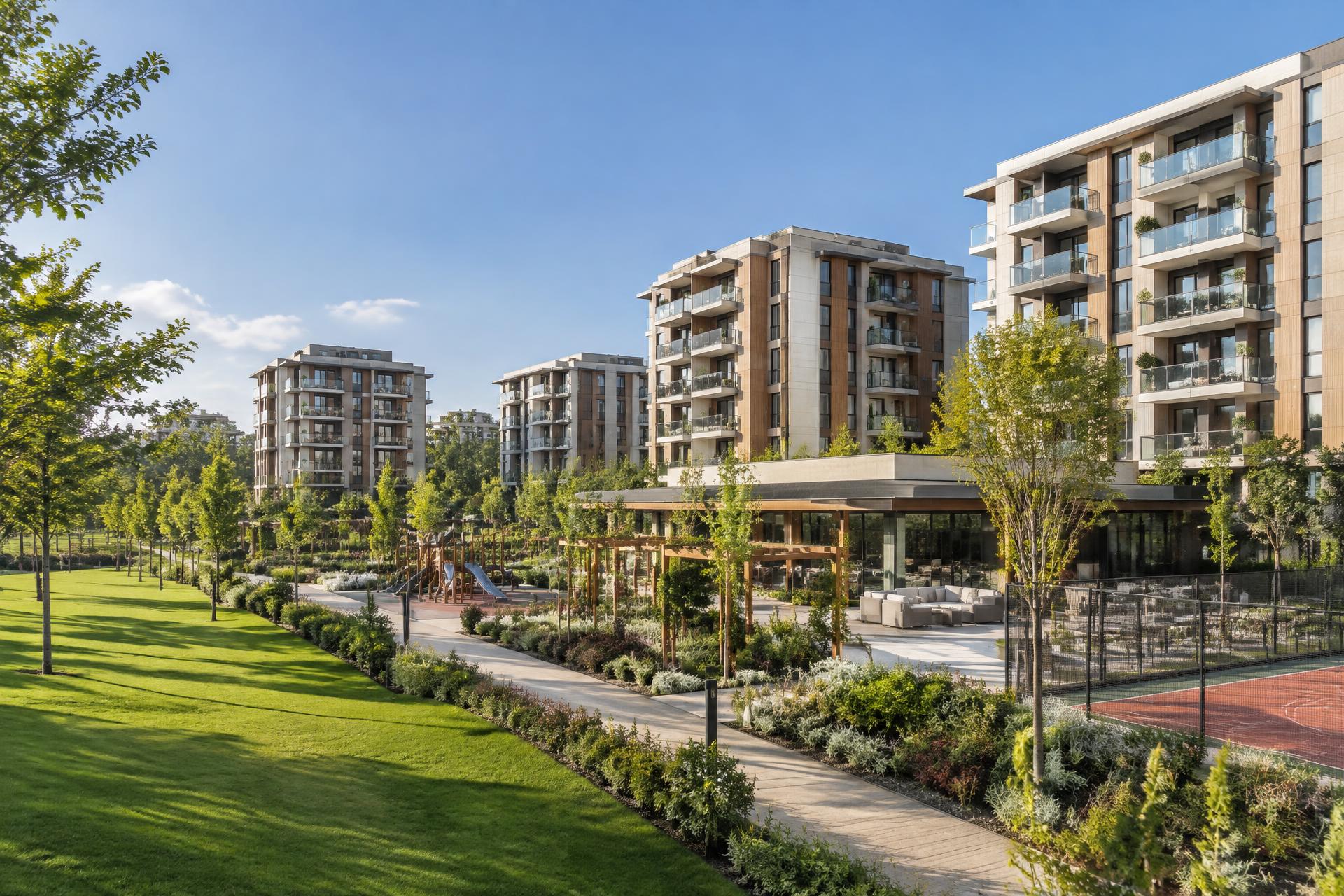 Peyzajı ve sosyal alanları tamamlanmış modern konut sitesi